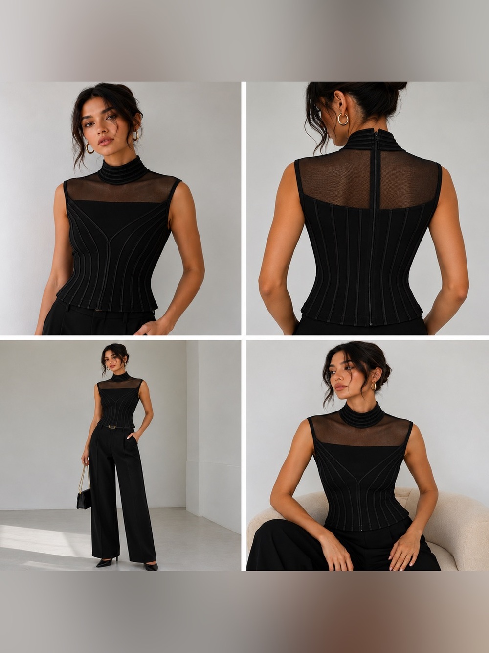 Tadashi Black Mesh Illusion Mock Neck Zip Front Sculpted Sleeveless Top
